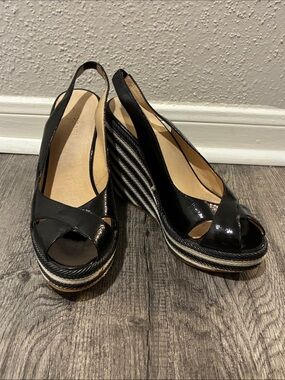 Michael Kors Black Patent Peep-Toe Slingback Wedge Sandals